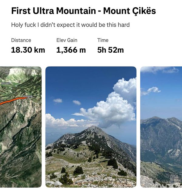 The image features a detailed overview of a mountain hiking experience, showcasing a map, elevation data, and scenic views of Mount Çikës.