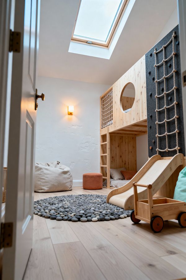 A Scandinavian kids’ room with a built-in loft in light knotty wood features a ladder, round porthole, and a smooth slide. A charcoal felt climbing panel with rope netting sits to the right, while a cozy bed nook rests beneath the loft. The space includes a pebble-style wool rug, a beige canvas beanbag, a terracotta ottoman, and a small wooden push cart on pale oak floors. White plaster walls, a warm brass sconce, and a roof skylight provide soft, natural light.