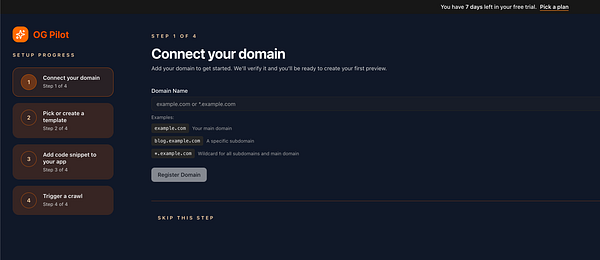 The image displays a user interface for the OG Pilot onboarding process, specifically the first step for connecting a domain.