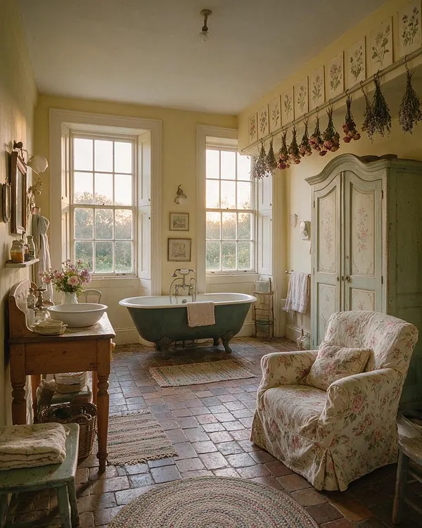 A cozy cottagecore bathroom with pale yellow walls, two tall sash windows, and a dark green clawfoot bathtub centered between them. The room includes a floral slipcovered armchair, a painted armoire with delicate flowers, a wooden washstand, hanging dried herbs and flowers, and a brick-tile floor softened by woven rugs.