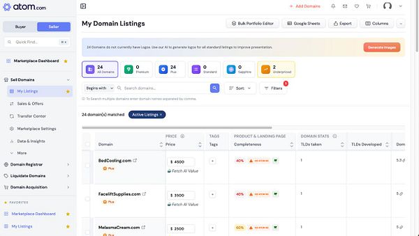 Screenshot of a domain management interface showing .com domains with expiration and notifications.