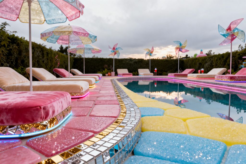 A curved swimming pool is bordered by candy-colored pavers that sparkle in pink, yellow, and sky blue, edged with mirrored mosaic and gold tiles. Along the deck, plush cream and pink lounge chairs rest on glitter-trim bases with LED underlighting and are shaded by pastel patchwork umbrellas. Oversize translucent pinwheels rise behind the seating, with tall hedges enclosing the patio at dusk. The water reflects the lights and colors, emphasizing the playful, candy-inspired design.