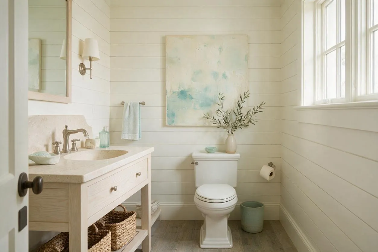 A bright coastal powder room with white shiplap walls, a light stone vanity, and a pale wood cabinet with woven baskets below. A simple abstract aqua painting, brass fixtures, a framed mirror, and a small vase of greenery add a calm, beach-inspired feel near a window that fills the space with natural light.