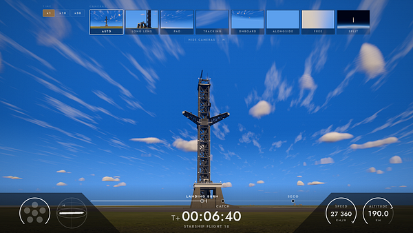 Screen from a space simulation game showing a rocket launchpad with a dynamic sky and various camera and telemetry controls.
