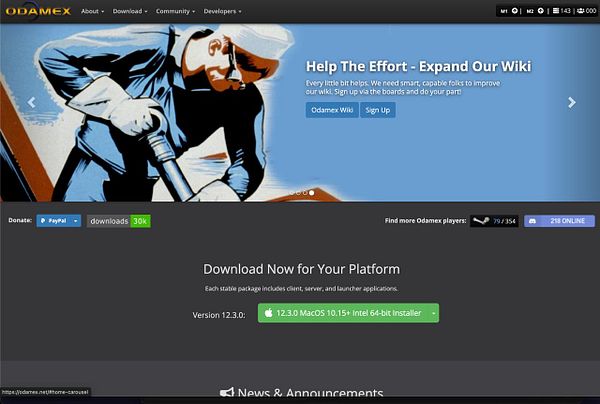 Screenshot of the Odamex website homepage highlighting the invitation to expand the wiki and providing a download link for version 12.3.0 MacOS installer.
