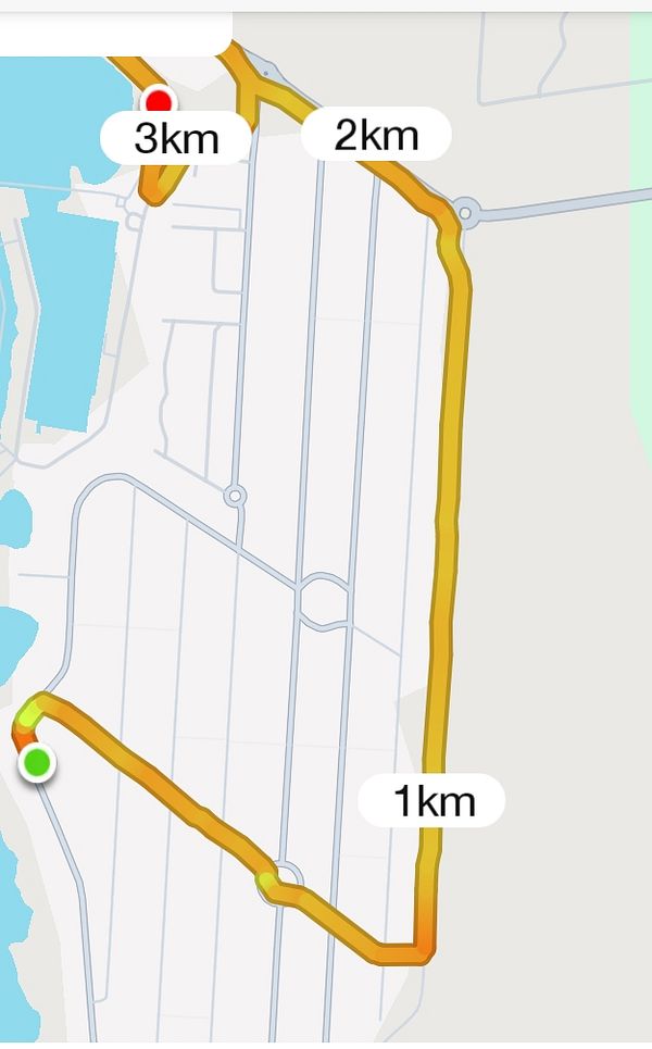 A map displaying a running route with distance markers.