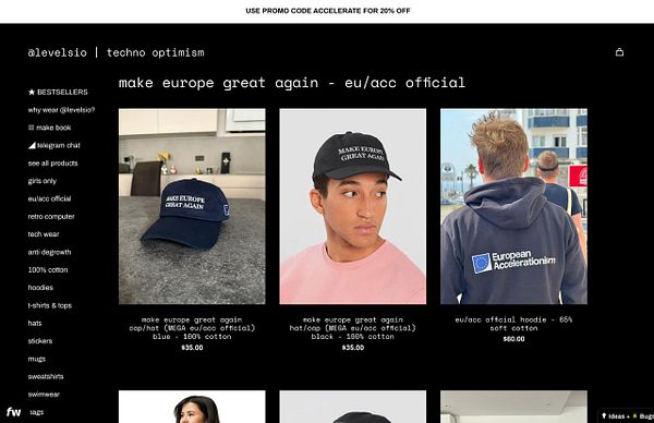 The image displays a clothing and merchandise website featuring items related to the 'Make Europe Great Again' campaign.