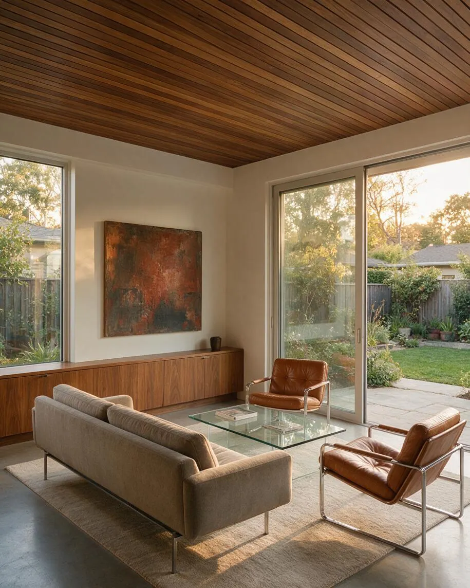 A modern sunroom with a slatted wood ceiling, large floor-to-ceiling windows, and a neutral seating area arranged around a glass coffee table. The room includes a beige sofa, tan leather chairs with chrome frames, a long wood side cabinet, and abstract wall art, with a backyard garden visible outside.