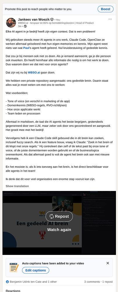 Screenshot of a LinkedIn post creation interface with a video thumbnail about '2nd brain'.