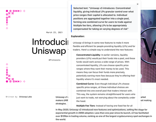 The image features a webpage introducing Uniswap v3, highlighting its new features and improvements.