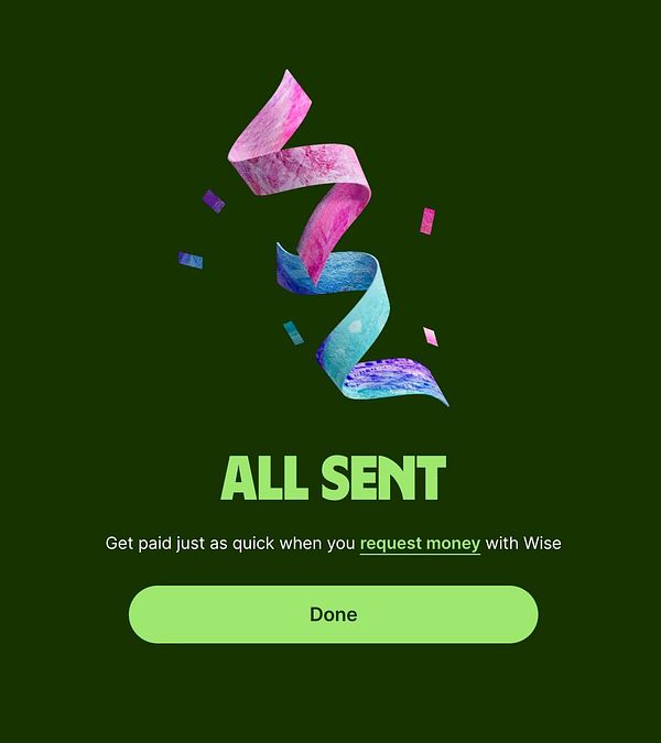 The image features a celebratory graphic indicating a successful payment transaction via Wise.