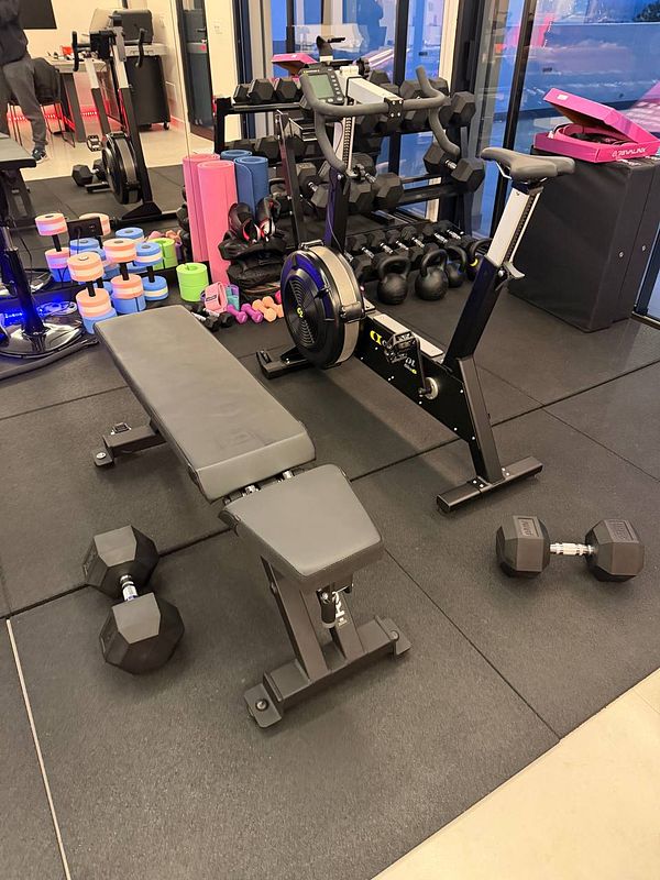 A well-equipped home gym featuring various exercise machines, weights, and accessories, situated in a bright room with ample natural light.