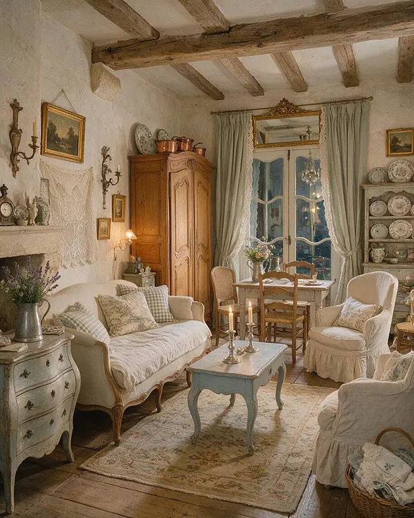 A charming studio apartment living area styled in French Country decor, featuring exposed wooden ceiling beams, textured white plaster walls, and soft neutral furnishings. A carved wood armoire, painted side table, lace curtains, vintage plates, and floral accents create a warm, romantic atmosphere.