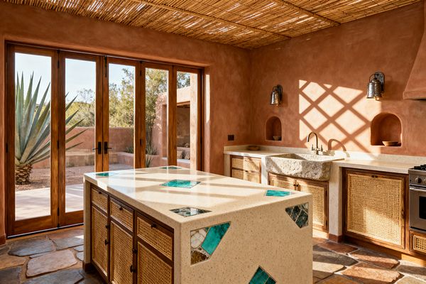 Sunlit Southwestern kitchen with terracotta plaster walls, wood-framed glass doors opening to a desert patio, and a woven reed ceiling casting lattice shadows. A central island with creamy terrazzo top features turquoise stone inlays; cabinets have warm wood frames with woven cane panels, a rough-hewn stone farmhouse sink with aged brass faucet sits beneath arched wall niches and patinated metal sconces, while irregular flagstone floors and a plastered range hood complete the earthy palette.