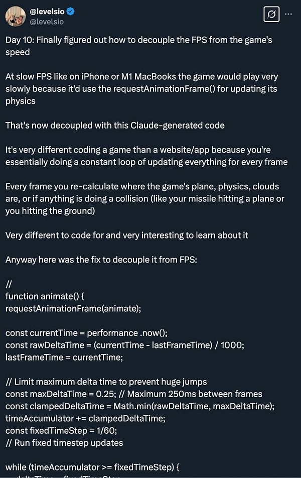 A code snippet demonstrating how to decouple FPS from game speed in a programming context.