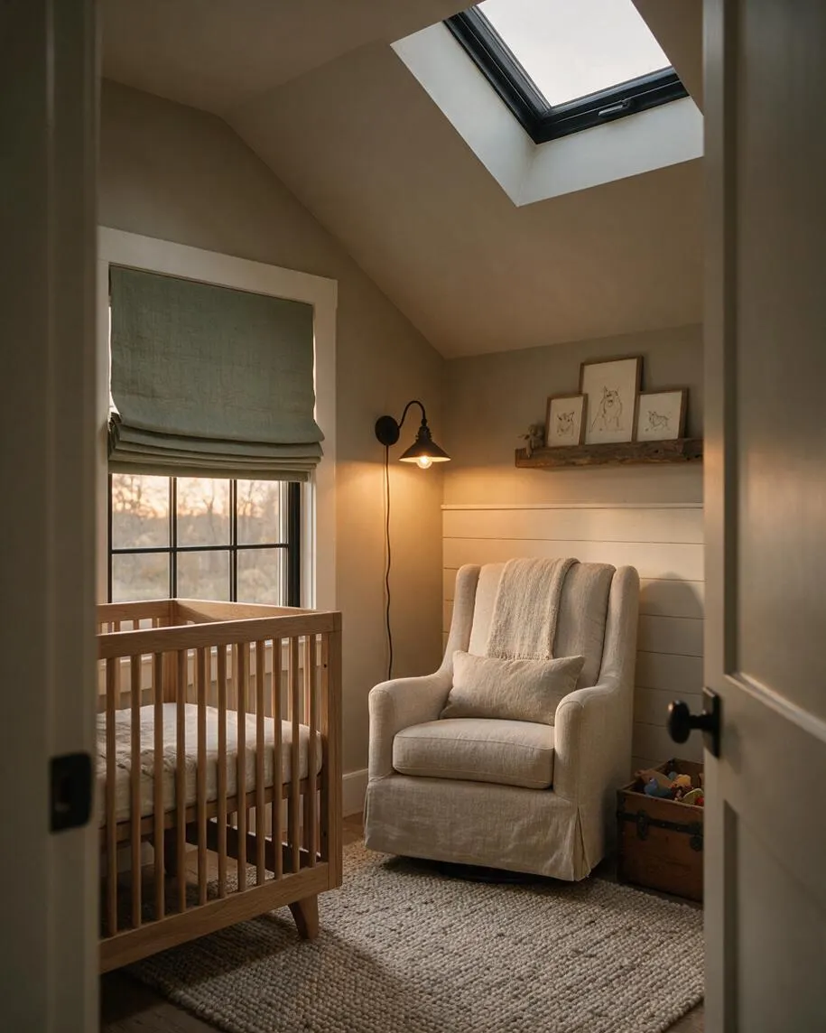 A warm farmhouse-style nursery with a wooden crib beside a large window, an upholstered cream glider, and a rustic wall shelf with framed animal sketches. Soft beige walls, a woven rug, a linen Roman shade, and a skylight create a calm, natural atmosphere.