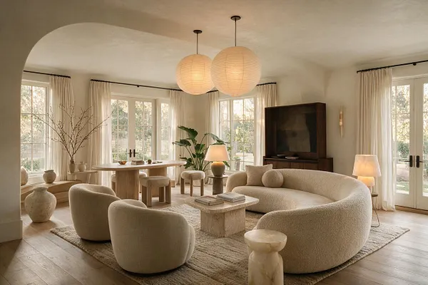 A bright sunroom with large French doors and windows wrapped in sheer cream curtains. The space features a curved boucle sofa, rounded lounge chairs, a stone coffee table, organic wood furniture, paper lantern pendant lights, and natural decor in a soft beige palette.