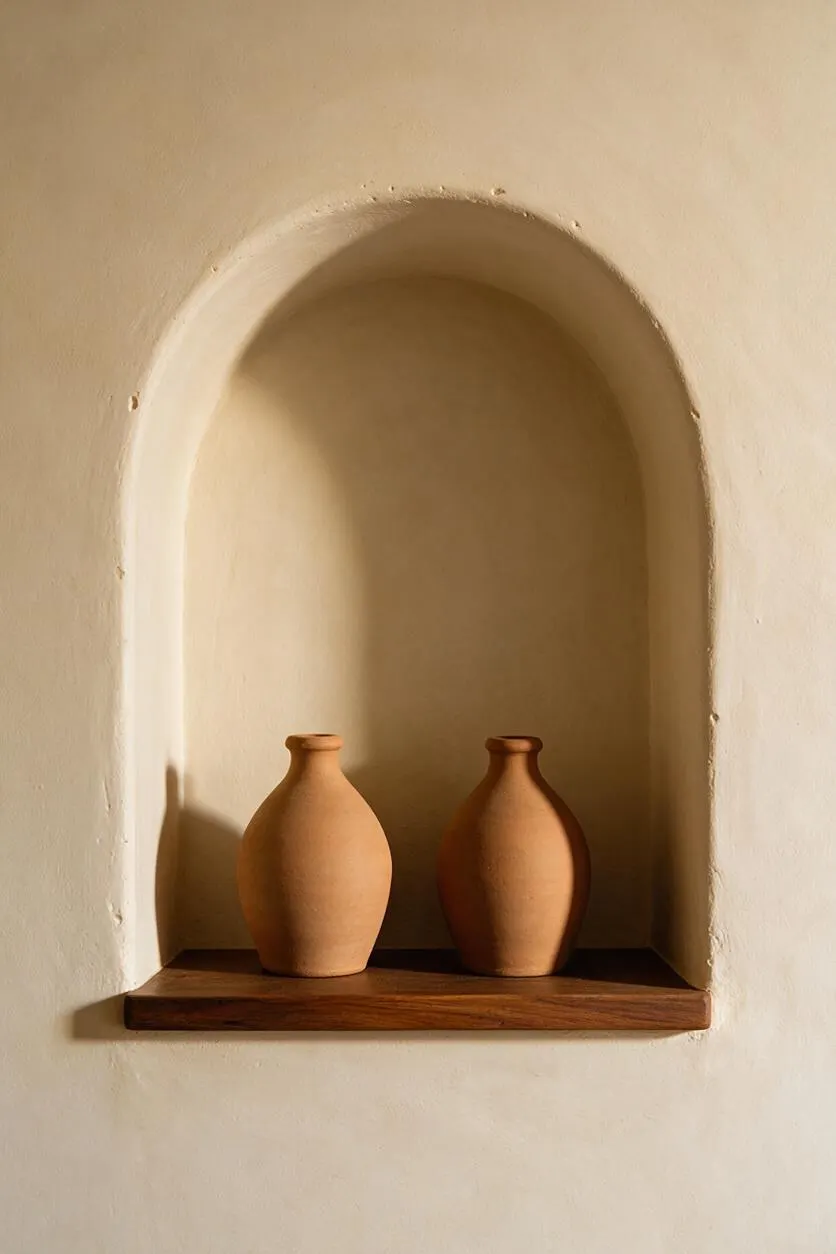 A recessed wall niche with a rounded arch contains two simple terracotta vases placed side by side on a narrow wooden shelf. The plaster wall is painted a warm cream color, creating a soft Mediterranean look with natural textures and earthy tones.