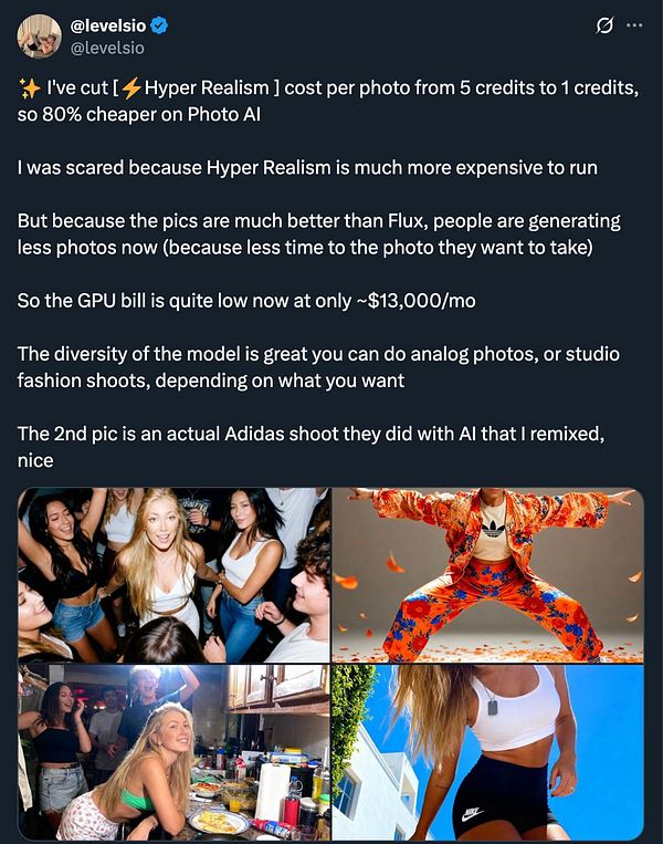 The image features a tweet discussing the cost reduction of a photo service alongside a collage of images from a photoshoot.