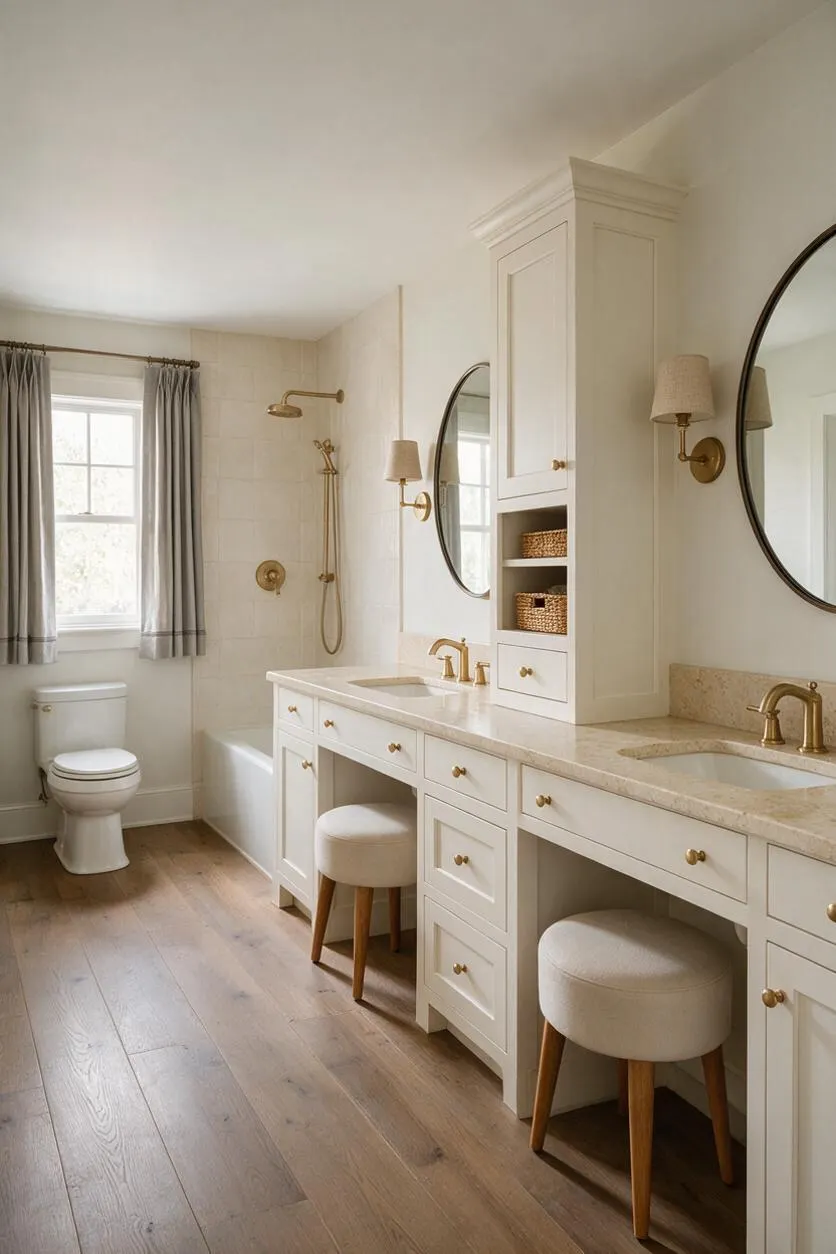 A bright transitional master bathroom with a long white double vanity, brass faucets and sconces, round mirrors, and a built-in cabinet with woven baskets. The space includes a tub-shower area with light tile, a window with gray curtains, warm wood flooring, and two upholstered stools tucked under the vanity.