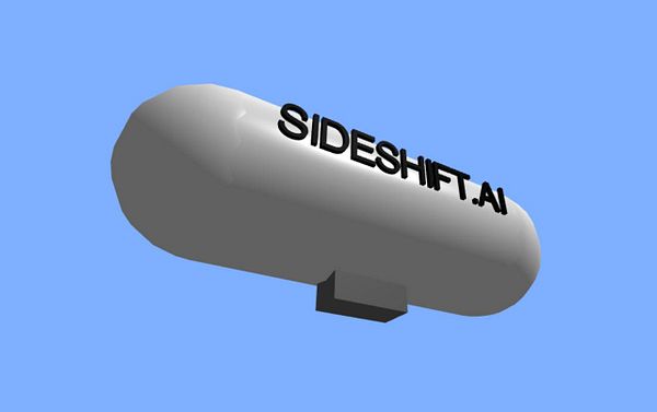 A 3D rendering of an advertising blimp with the text 'SIDESHIFT.AI' prominently displayed.