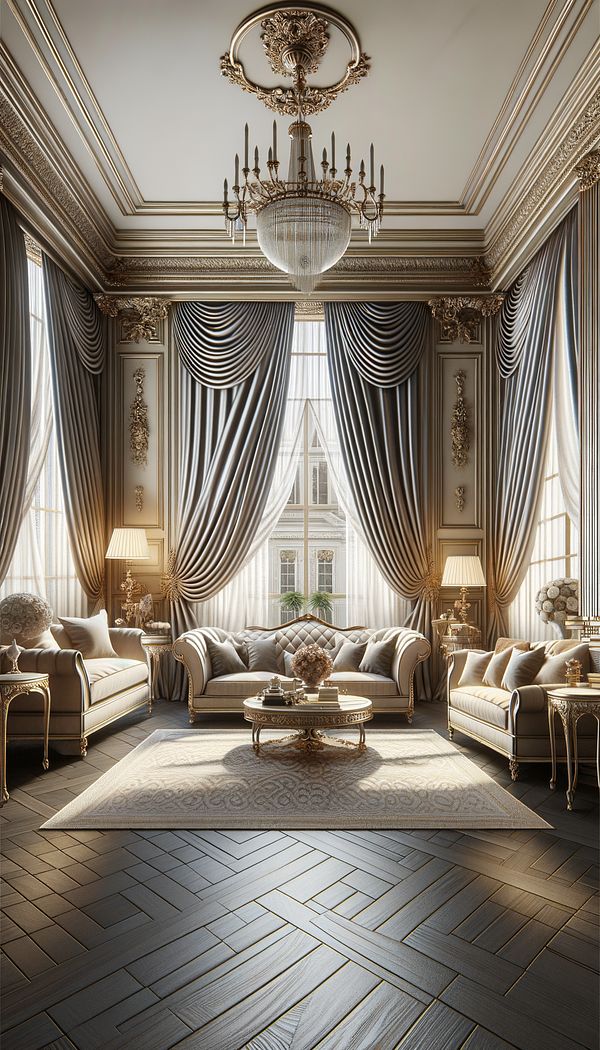 A luxurious living room featuring dupioni silk draperies that cascade elegantly to the floor, adding a touch of sophistication and depth to the space.