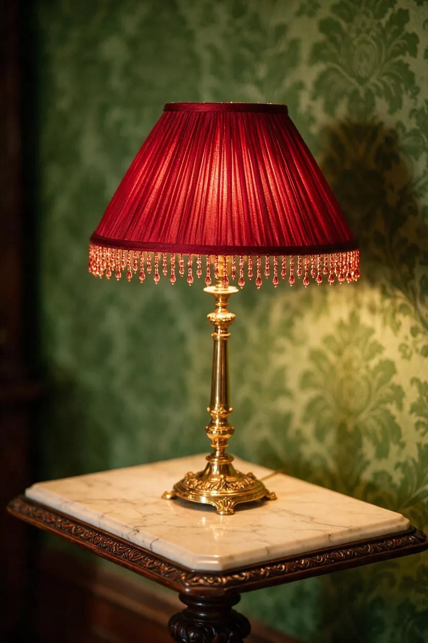 A Victorian-style table lamp with a polished brass base and stem sits on a marble-topped wooden table. The lamp has a deep red pleated shade with beaded fringe, set against green patterned wallpaper.