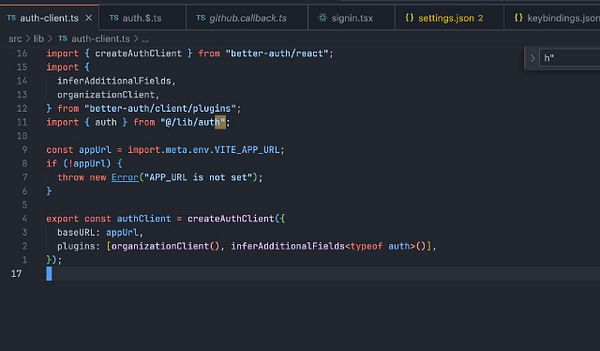 The image displays a code snippet from a TypeScript file related to authentication client configuration.