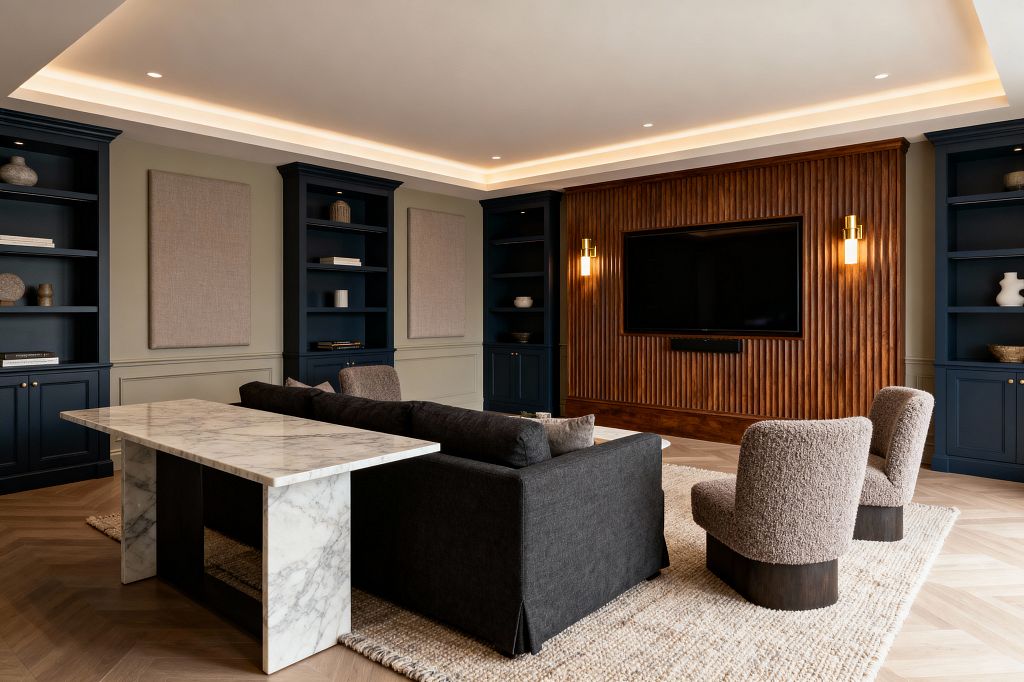 A transitional media room features a fluted walnut TV wall with brass sconces and a large wall-mounted screen. Deep navy built-in bookcases line sage-gray paneled walls with fabric-wrapped rectangles, while a charcoal sofa and two taupe bouclé chairs rest on a chunky neutral rug over light oak chevron flooring; a white marble console stands behind the sofa and warm LED cove lighting with recessed spots softens the ceiling.