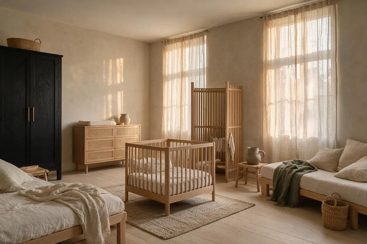 A serene Japandi-style nursery with a light wood crib centered on a textured rug, sheer curtains filtering warm daylight, and a black wardrobe adding contrast. The room includes woven baskets, low wooden seating, a cane-front dresser, and soft neutral bedding in beige and cream tones.
