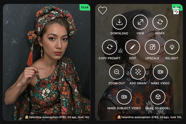 A portrait of a woman in a floral outfit with a digital interface overlay displaying various editing options.