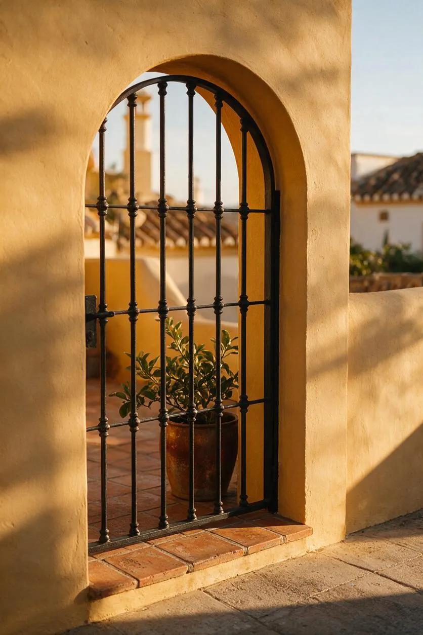 A Mediterranean-style exterior features a warm stucco wall with a tall arched opening fitted with black wrought iron bars. Terracotta floor tiles, a potted plant, and sunlit shadows create a rustic, inviting courtyard feel.