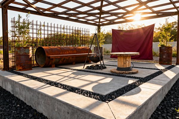 An outdoor industrial-style patio built from salvaged materials features a rusted steel lattice pergola casting geometric shadows over raised concrete pads divided by bands of black gravel. A cylindrical steel pipe is repurposed as a bench beside rusted barrel planters and a rebar trellis with young greenery. At center, a tripod-hung fire bowl sits over dark stones near a wooden cable-spool table, with a burgundy fabric panel providing a sunshade backdrop in warm evening light.