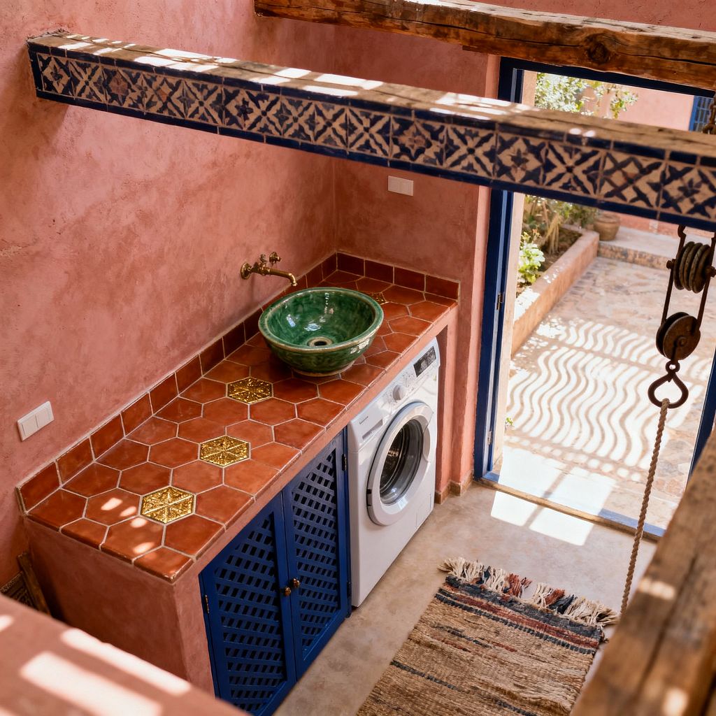 A compact Moroccan-style laundry room features blush tadelakt walls, a terracotta hex-tile countertop with patterned gold insets, and a green ceramic vessel sink with a brass wall-mounted faucet. Cobalt-blue lattice cabinet doors sit beside a white front-loading washer, while blue trim frames an open doorway to a sunlit courtyard, casting striped shadows across a concrete floor and a small fringed flatweave rug.