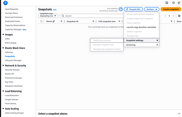 Screenshot of an AWS EC2 snapshot restore operation with detailed configurations and several tabs in the management console.