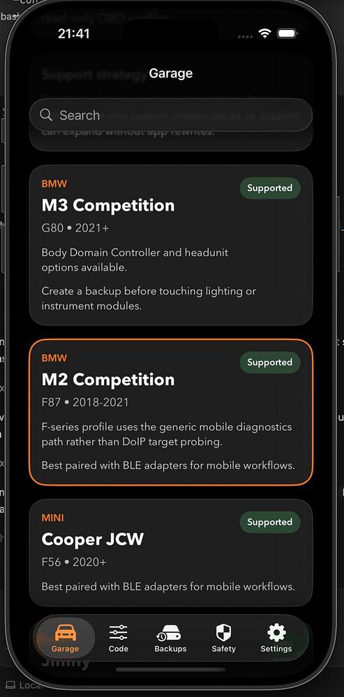 Screenshot of a mobile app interface named BimmerMod showcasing Home, Features, and Settings navigation with various controls.