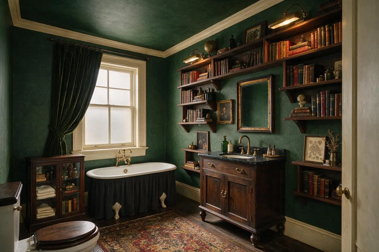 A dark academia master bathroom with deep green walls, a dark wood vanity, and wall-mounted bookshelves filled with vintage books and decor. A freestanding tub sits beneath a window with dark drapery, while a patterned rug and brass accents add a moody, scholarly atmosphere.