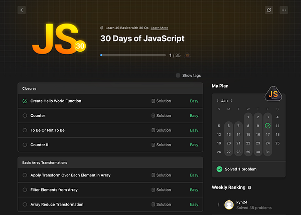 The image displays a progress dashboard for a JavaScript learning program titled '30 Days of JavaScript'.