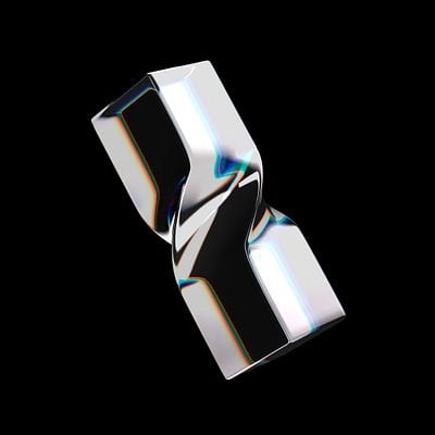 A sleek, abstract 3D model with a reflective surface is displayed against a black background.