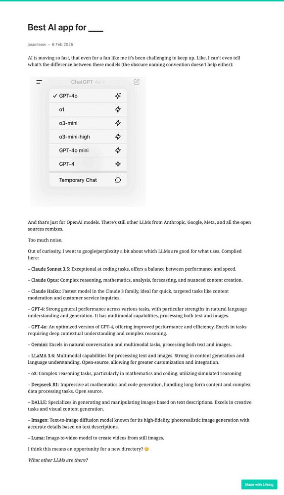 A detailed list of AI models and their capabilities is presented in a blog post format.