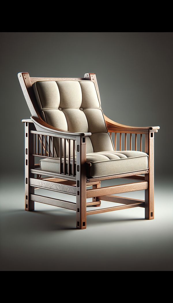 A Morris Chair with its adjustable backrest, thick, padded cushions, and exposed wooden frame characteristic of the Arts and Crafts movement style.