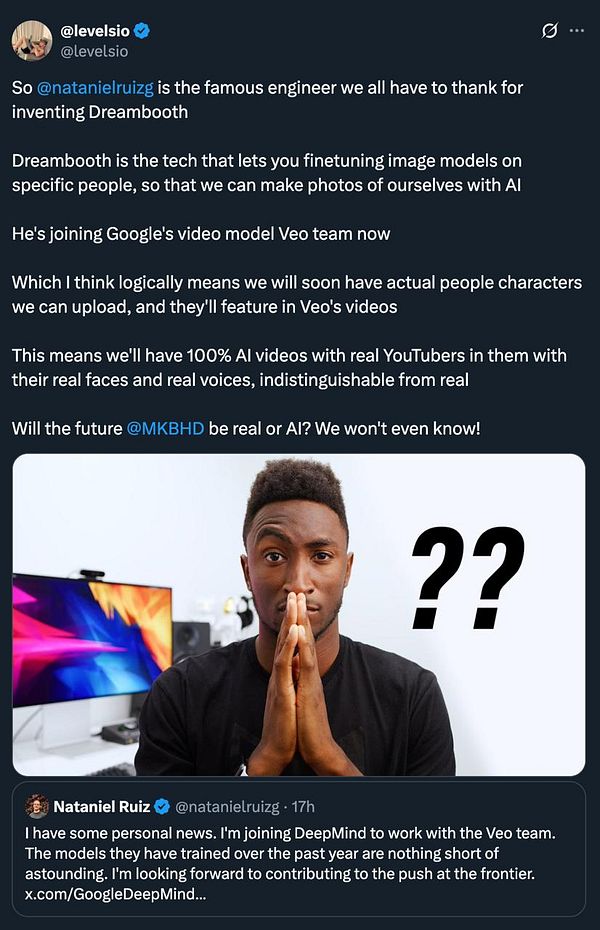 The image features a tweet announcing Natanel Ruiz's new role at DeepMind, alongside a photo of him with a questioning expression.