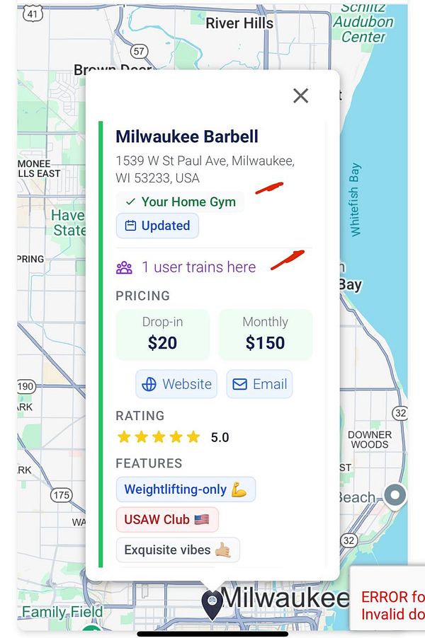 The image displays a detailed information card for Milwaukee Barbell gym on a map interface.