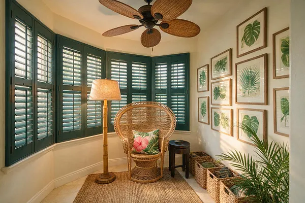 A bright tropical sunroom with deep green plantation shutters wrapping the windows, a wicker peacock chair with a floral cushion, and a woven jute rug. The room includes a bamboo-style floor lamp, a rattan ceiling fan, framed botanical prints, and woven storage baskets beside lush palm greenery.