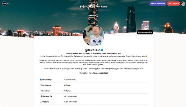 A profile page of a remote worker featuring personal details and a city skyline background.