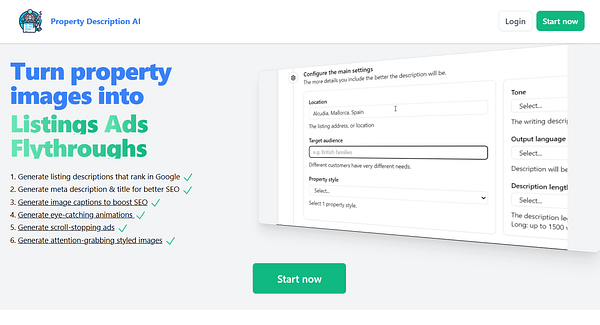The image displays a user interface for a Property Description AI tool designed to generate property listings and ads.