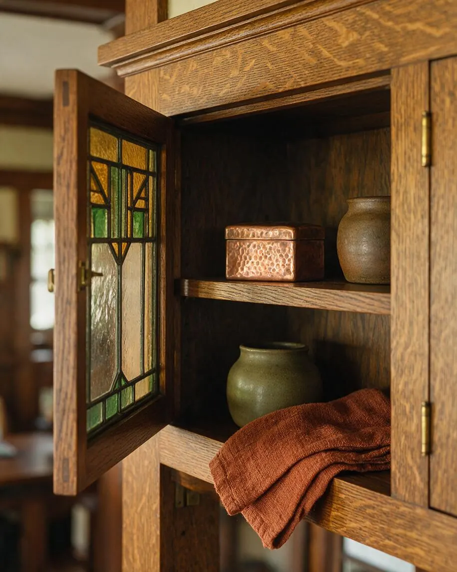 A close-up of a warm oak Craftsman-style cabinet with an open door featuring geometric stained glass in amber, green, and clear glass. Inside are small ceramic vessels, a copper box, and a rust-colored textile draped over the lower shelf.