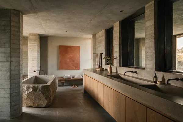 A Brutalist bathroom with exposed concrete walls and ceiling, a long stone-topped vanity with wood cabinetry, and a sculptural freestanding stone bathtub. Dark-framed windows line the right wall, bringing in natural light, while neutral towels and minimal decor keep the space calm and understated.