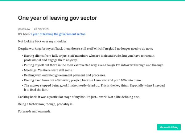 A reflective post about one year since leaving the government sector, detailing personal experiences and challenges faced.