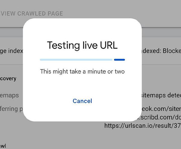 A progress dialog indicating a live URL test is in progress.
